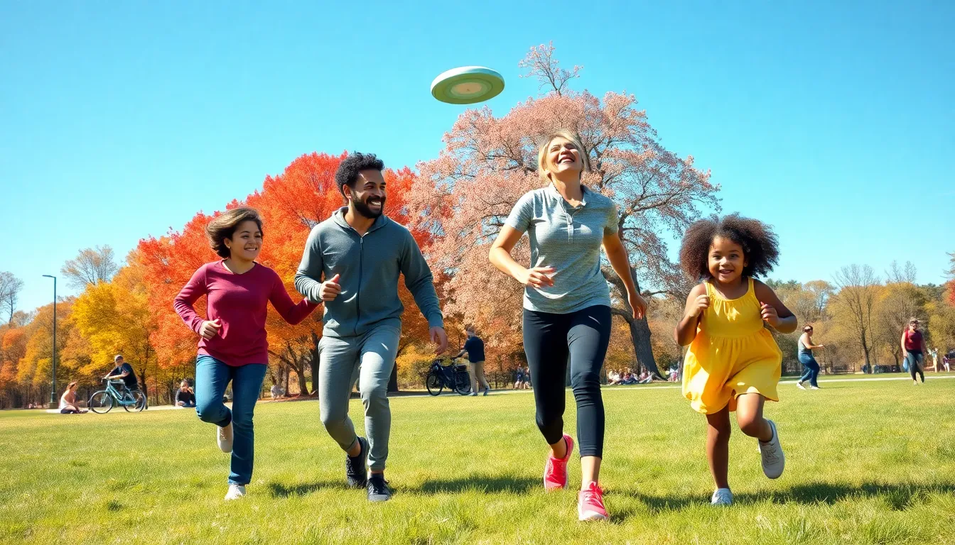 diverse family playing frisbee in a sunny park.
