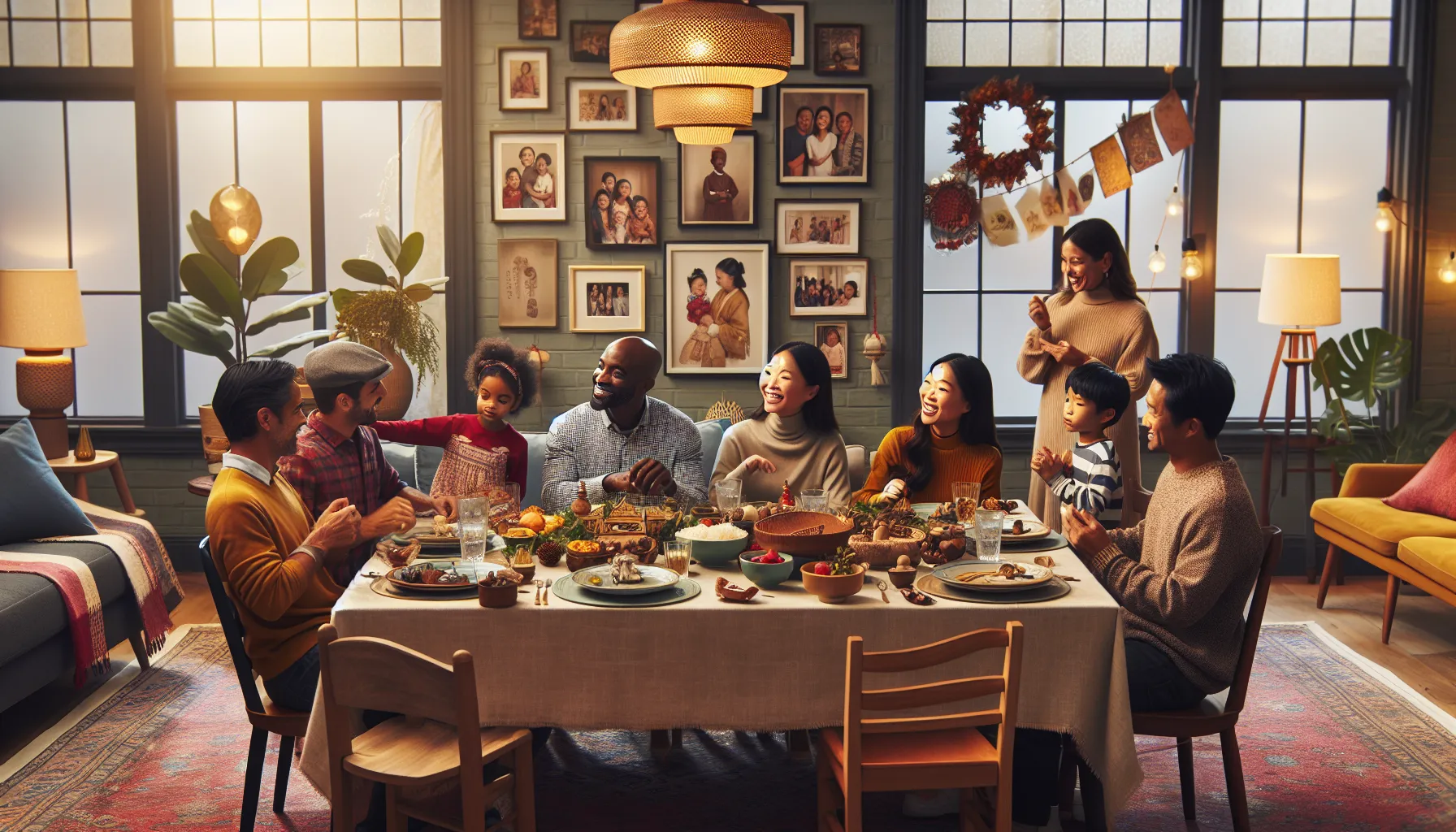 diverse family celebrating heritage at a festive dining table.