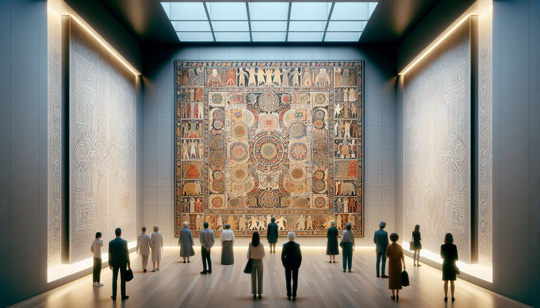 historical tapestry illustrating the origins of njhjynjdrf in a modern gallery.