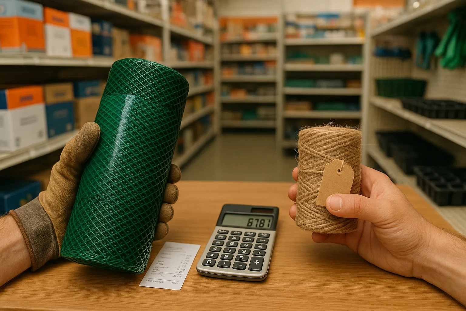 shopper comparing green plastic mesh roll and brown jute twine with calculator