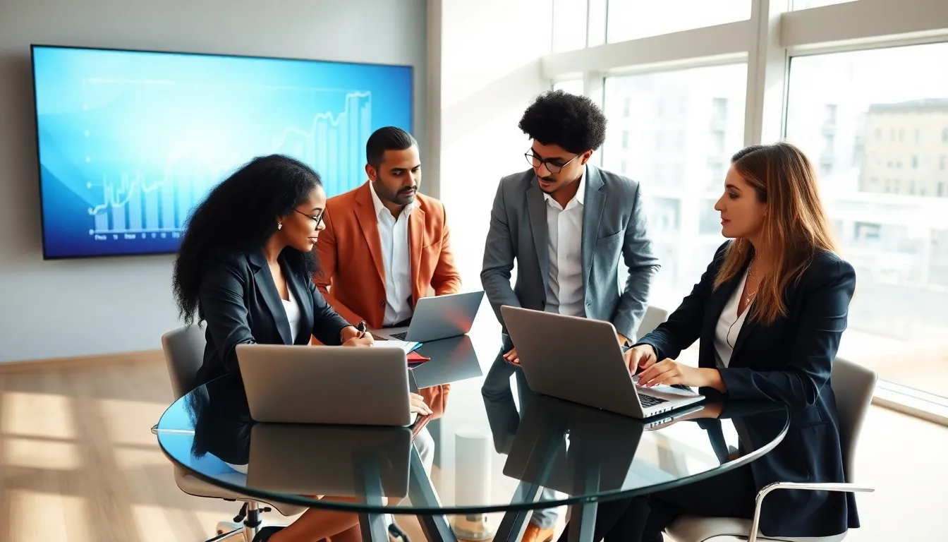 diverse professionals discussing investment strategies in a modern office.