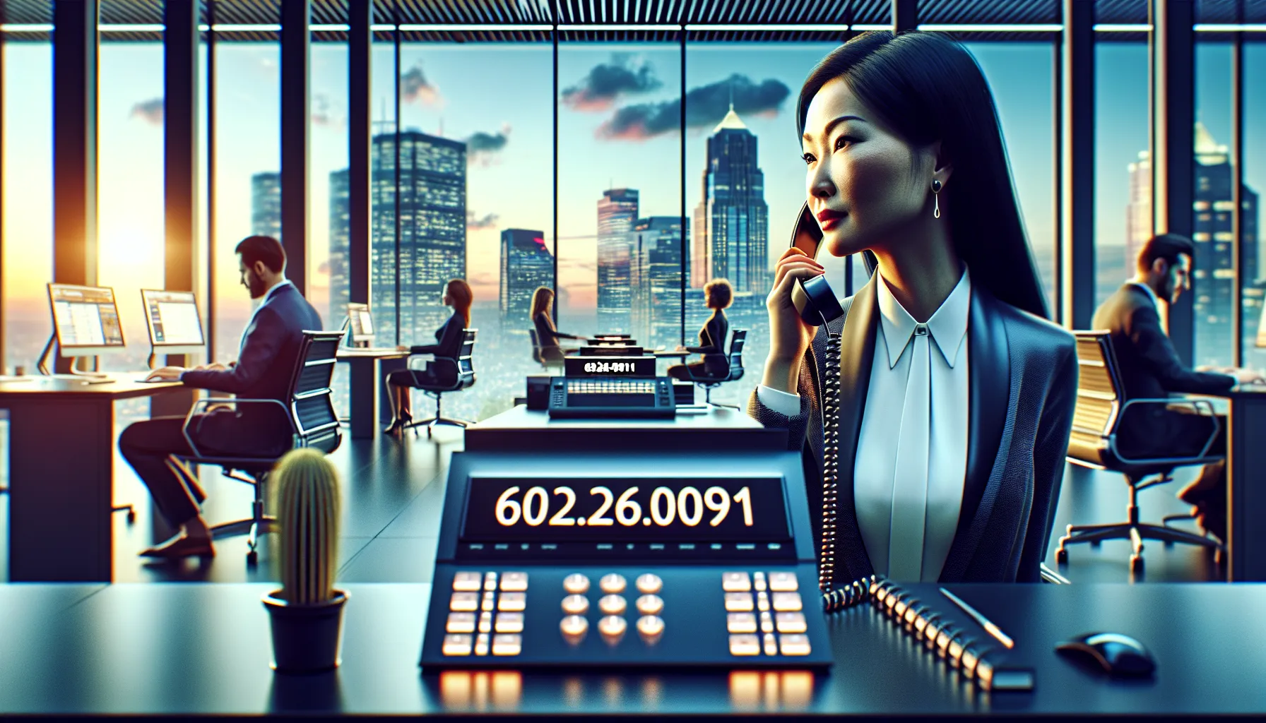 diverse professionals in a modern Phoenix office handling phone calls.