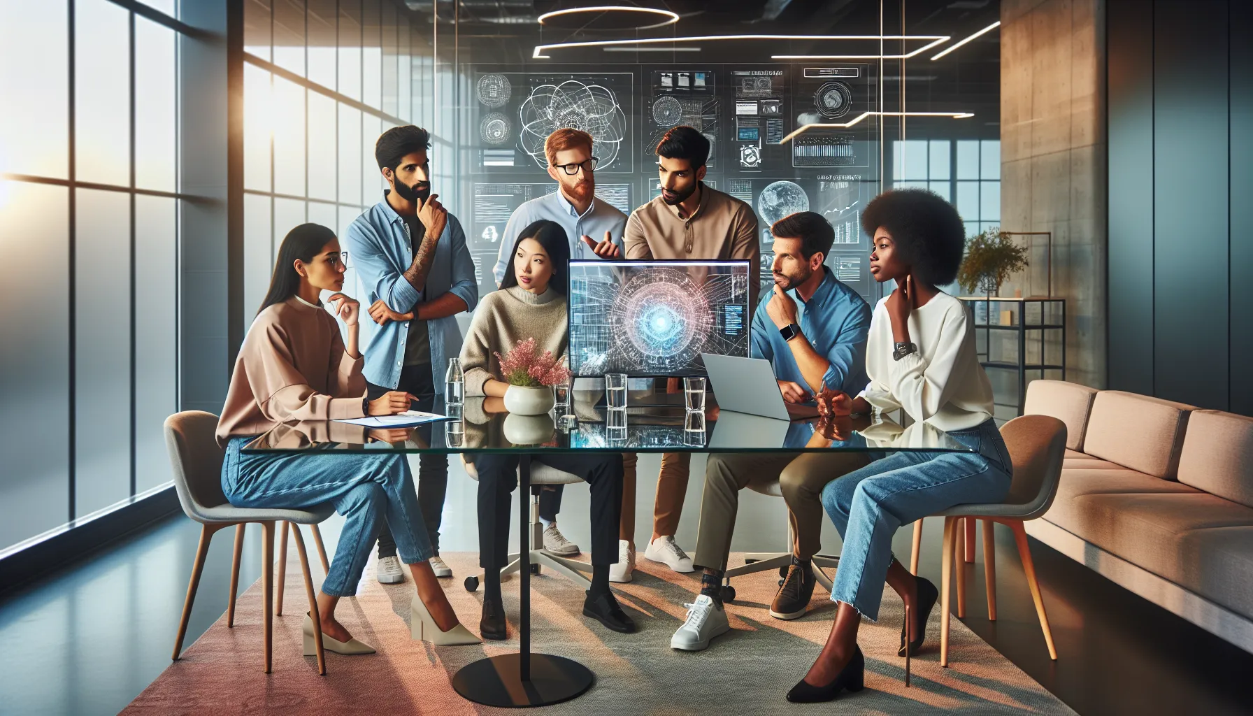 diverse tech team discussing innovations at a modern conference table.