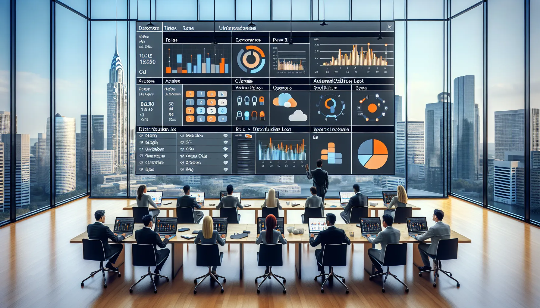 Diverse professionals configure automated Tableau report scheduling in a modern corporate office.