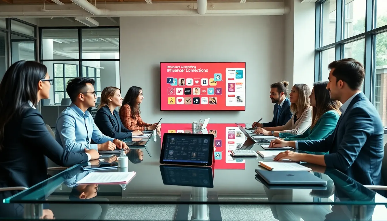 diverse marketing team collaborating on influencer strategies in a modern office.