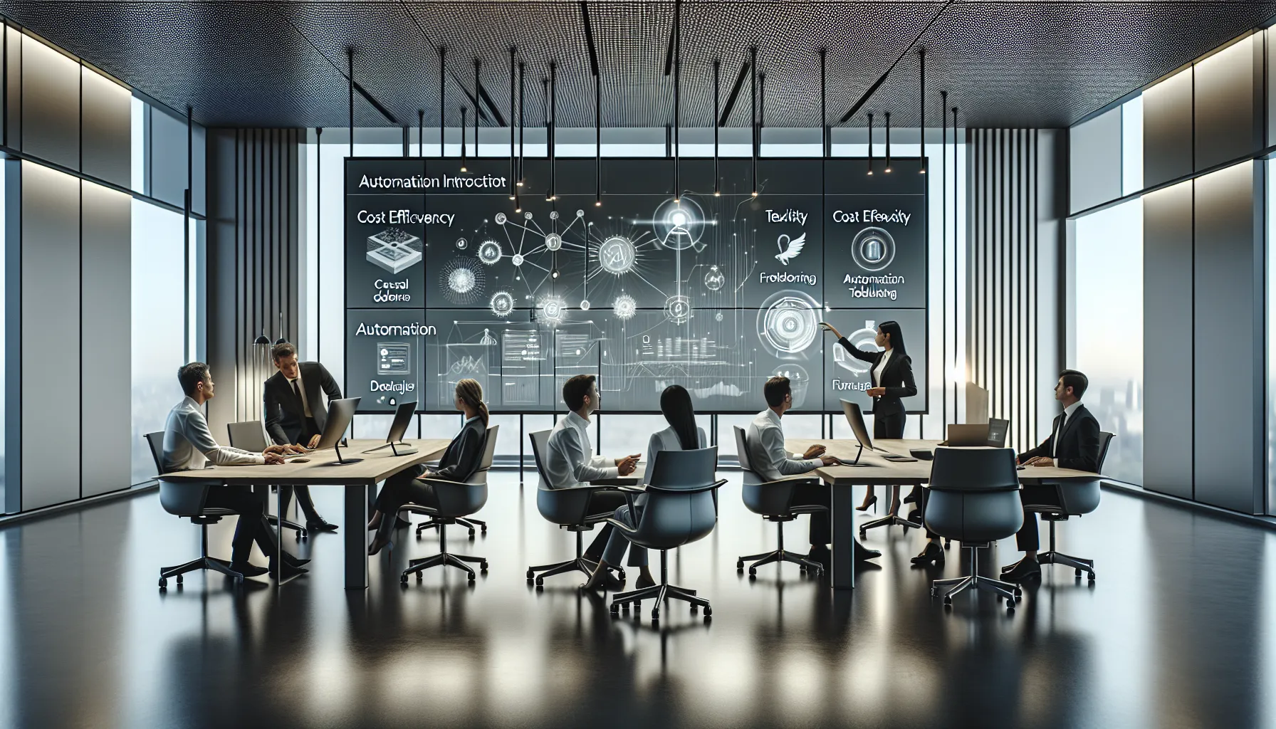 diverse team collaborating in a modern office using digital tools.