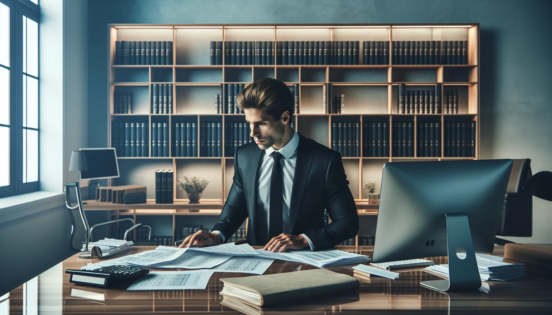 A professional CPA working at a desk with financial documents.