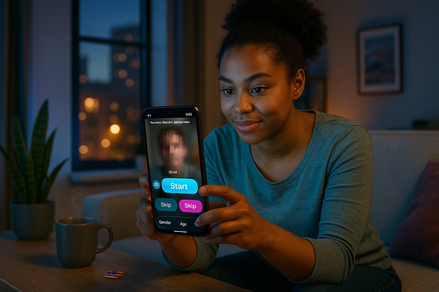 Young woman holding phone showing camskip video call interface at dusk.