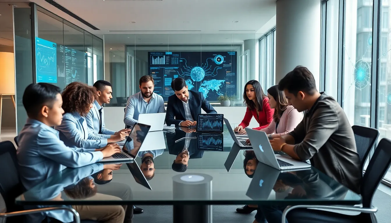 diverse team discussing AI agent technology in a modern office.