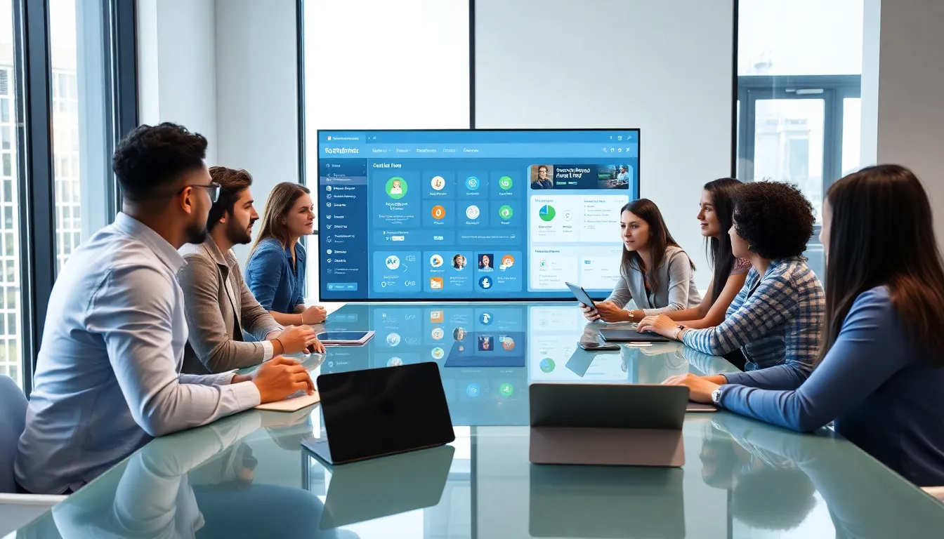 diverse team collaborating in a modern office with software interface on display.