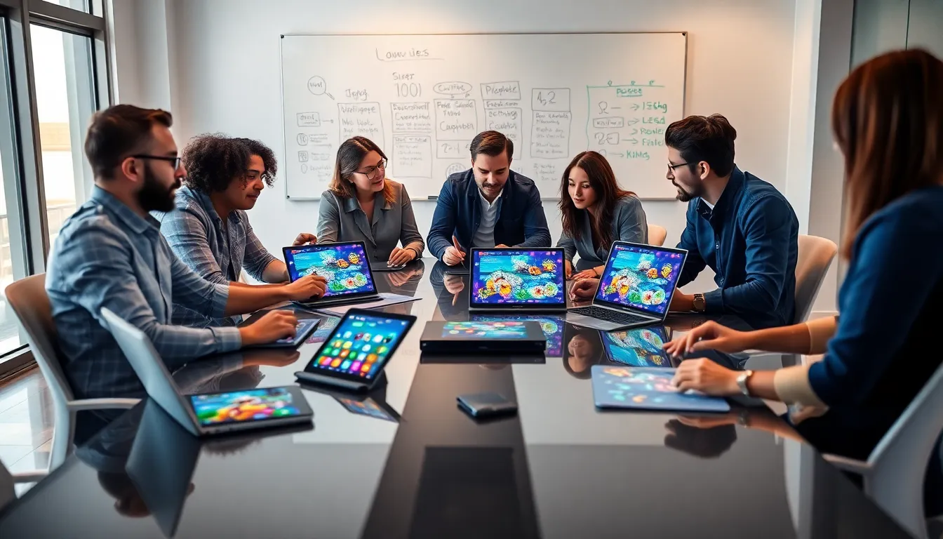 diverse team brainstorming lottery game ideas in a modern office.