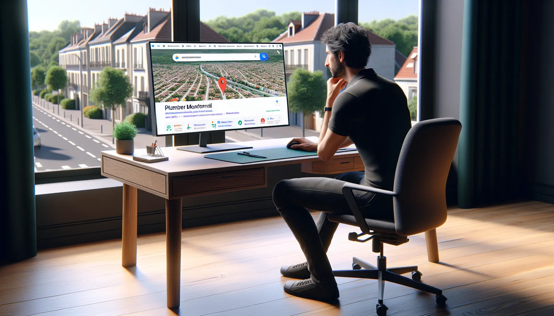 French small business owner analyzing Google local search results for Montfermeil SEO.