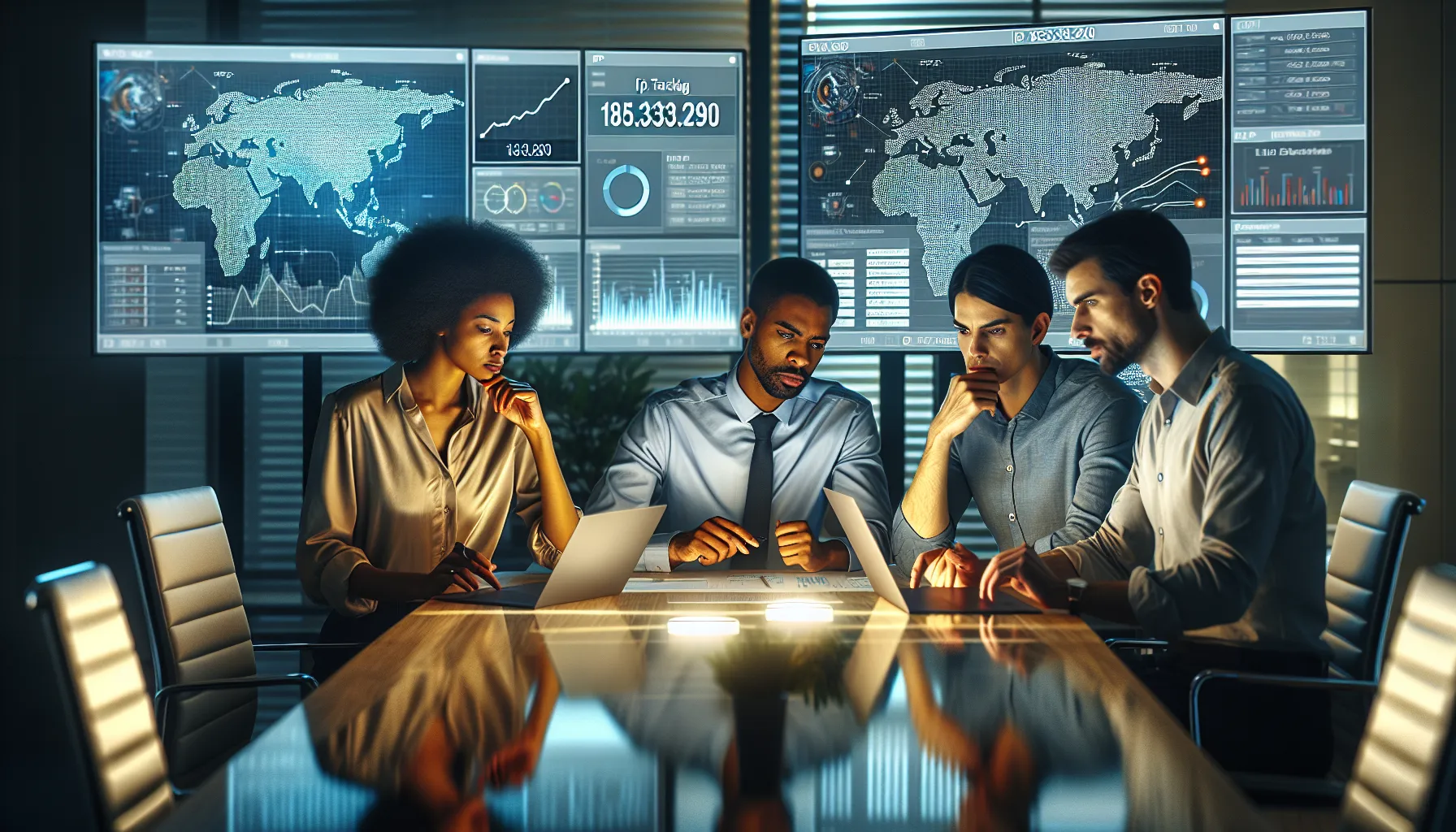 team analyzing IP address data in a modern office.