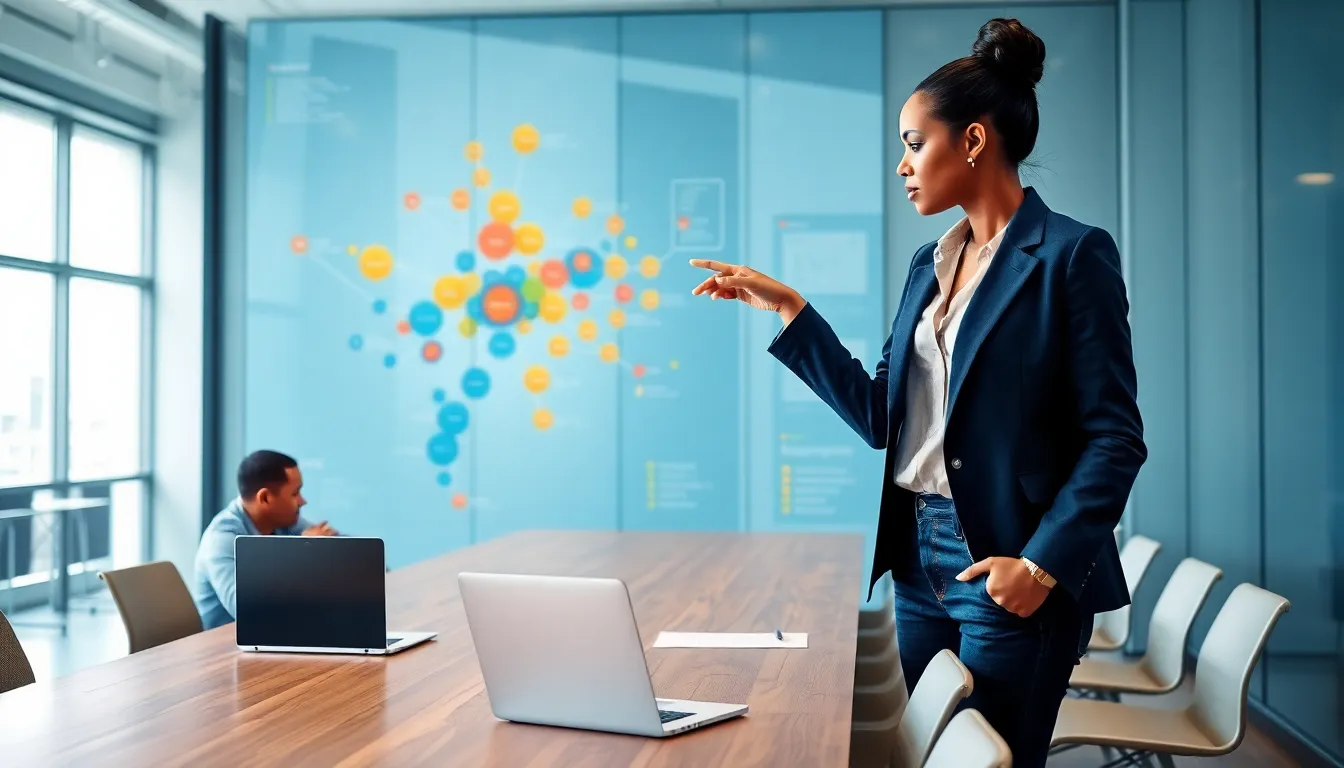 Product manager pointing at a color-coded industry map on a glass wall.