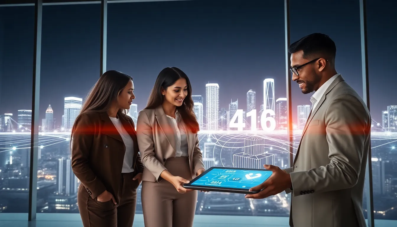 professionals discussing digital networking in a modern office.