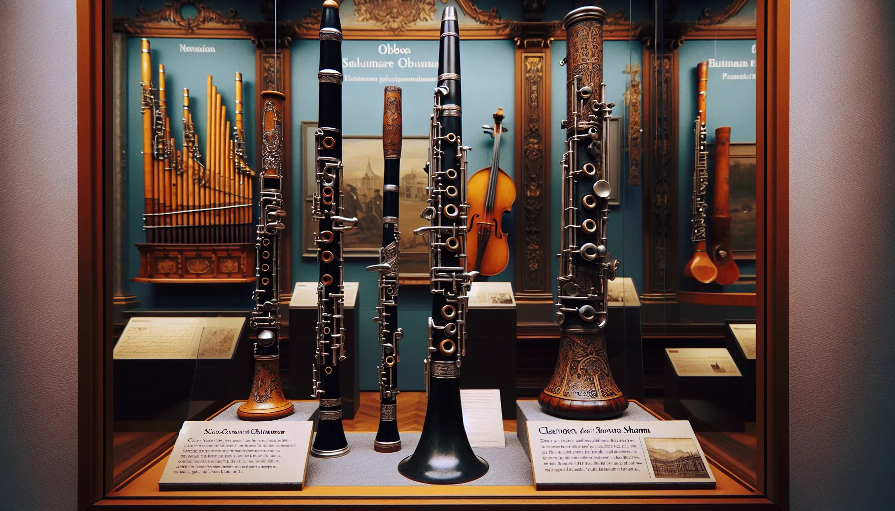 A display of a historical clarinet and oboe in a museum setting.