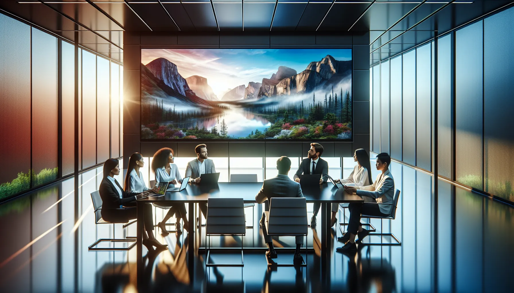 team collaborating around a high-resolution monitor in a modern office.