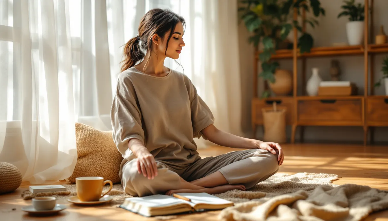 Woman meditating peacefully in a sunlit room with a journal and tea nearby.