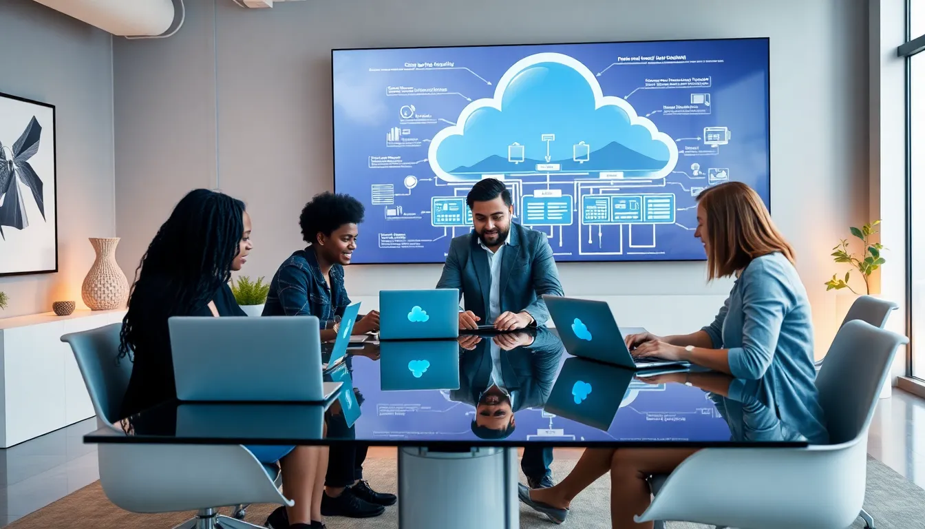 diverse team discussing cloud computing in a modern office setting.