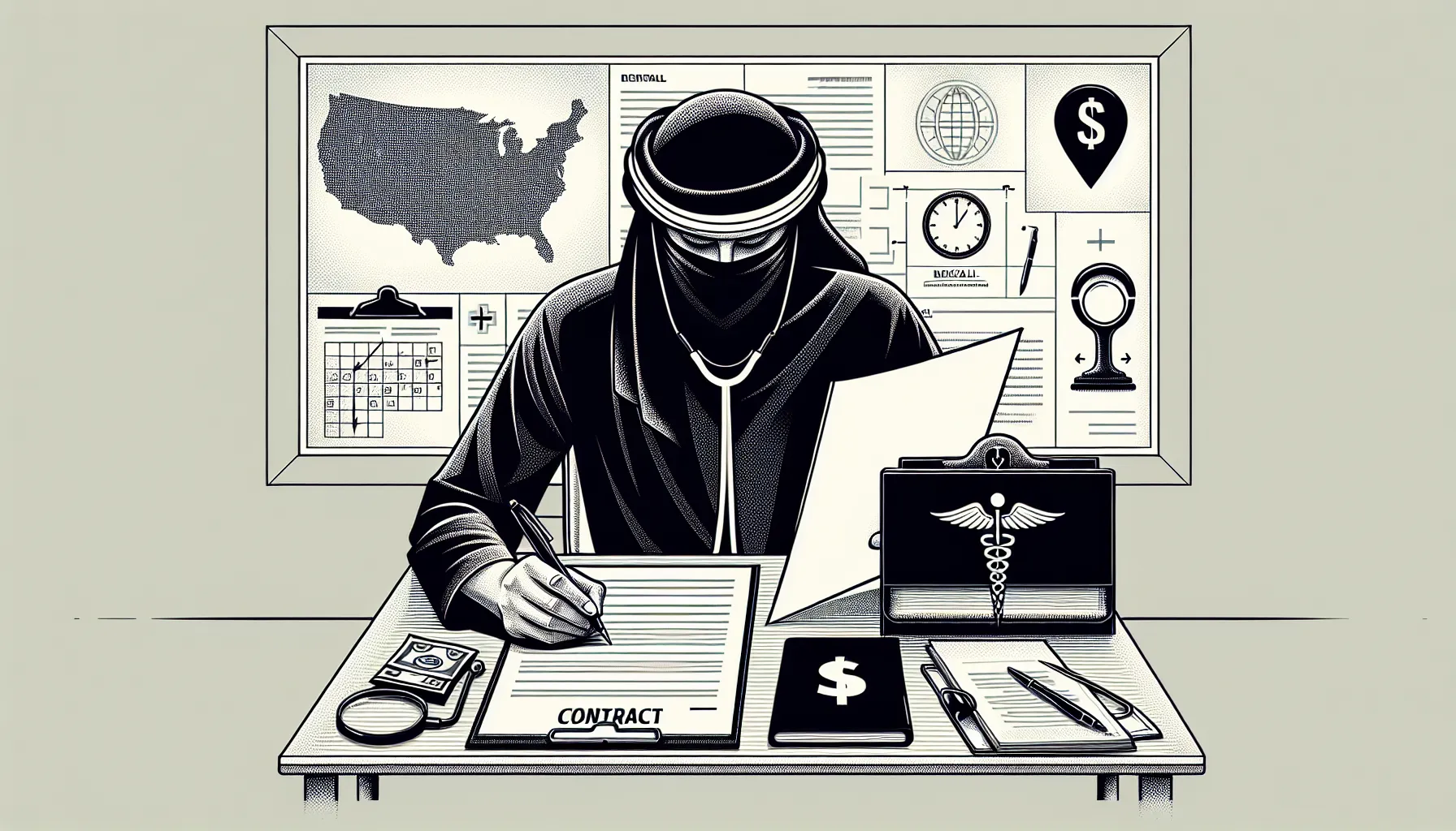Dental associate at desk reviewing a contract with icons for pay, malpractice, and noncompete.