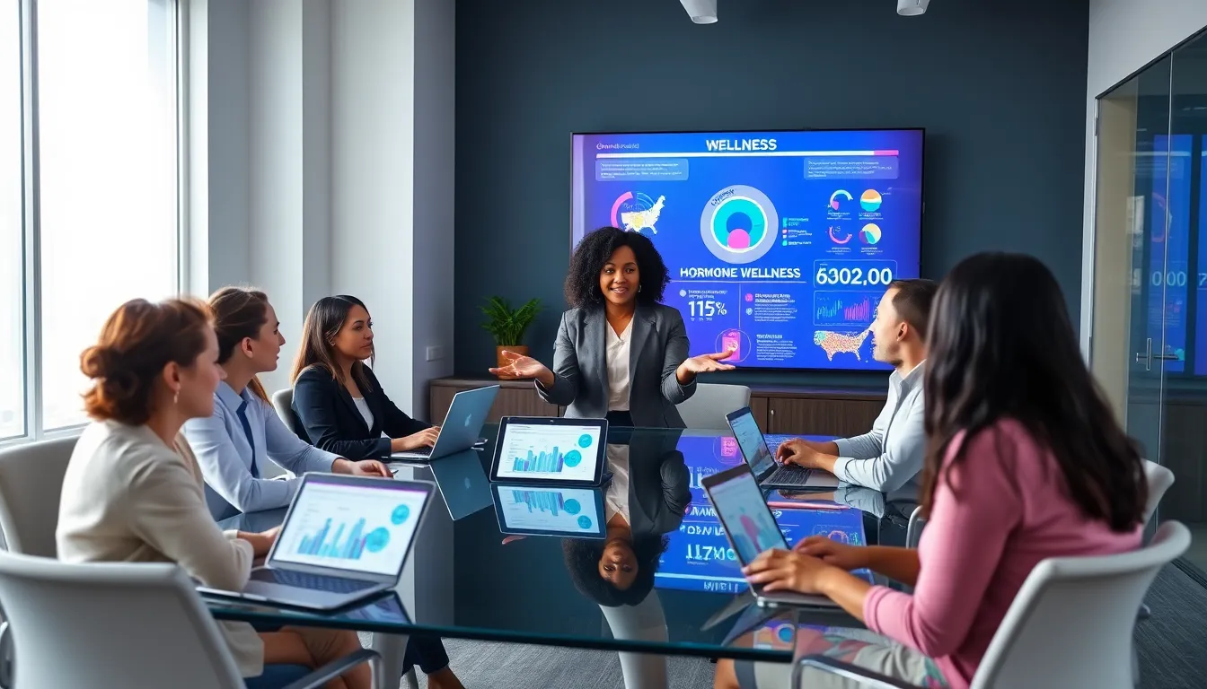 diverse team discussing hormone wellness in a modern office.