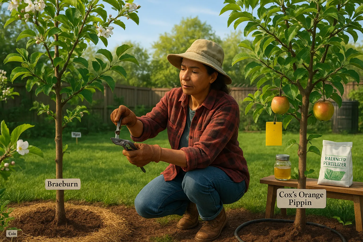 Gardener pruning two labeled Braeburn and Cox’s apple trees in a backyard orchard.