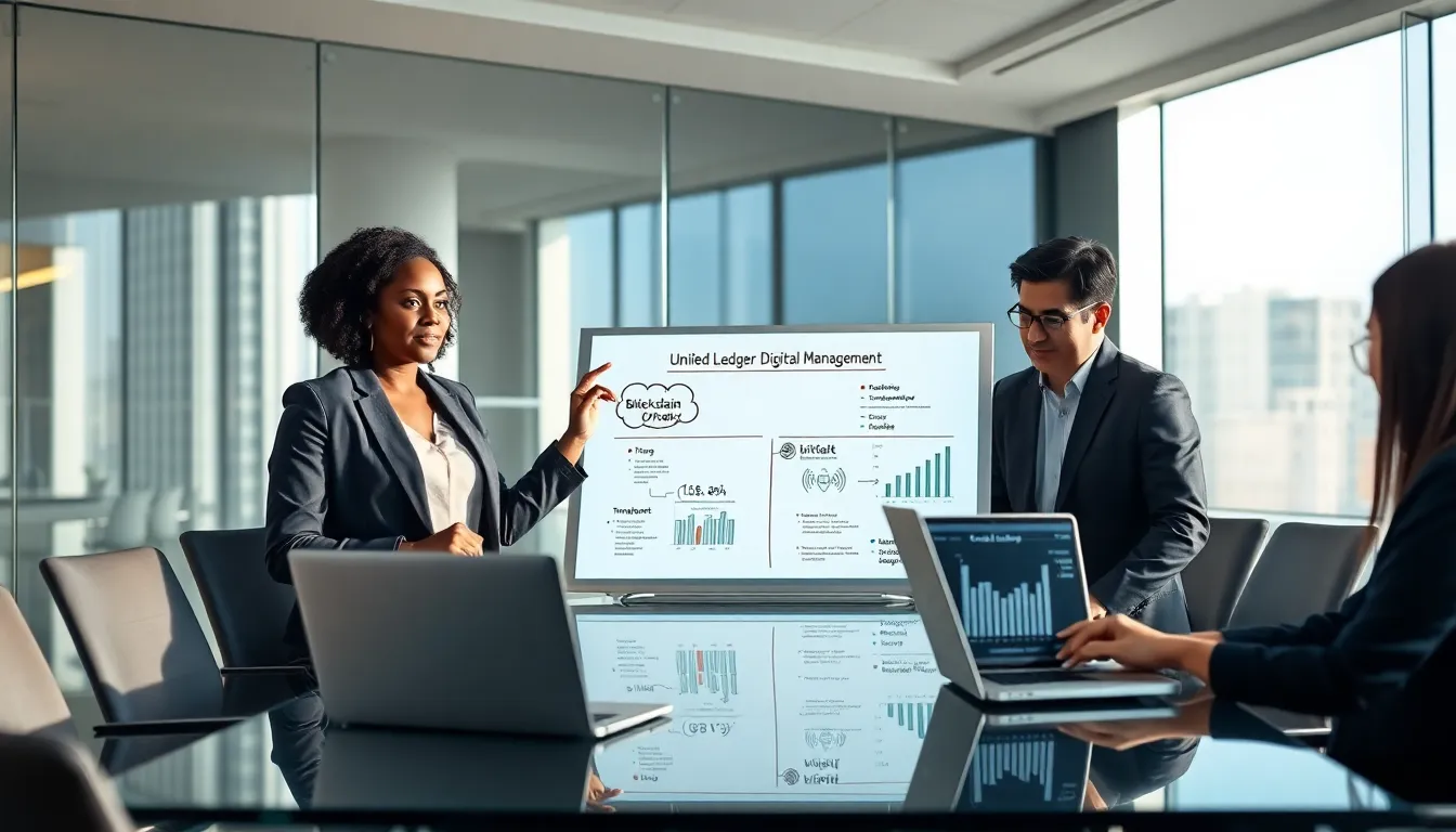 professionals discussing digital solutions in a modern office