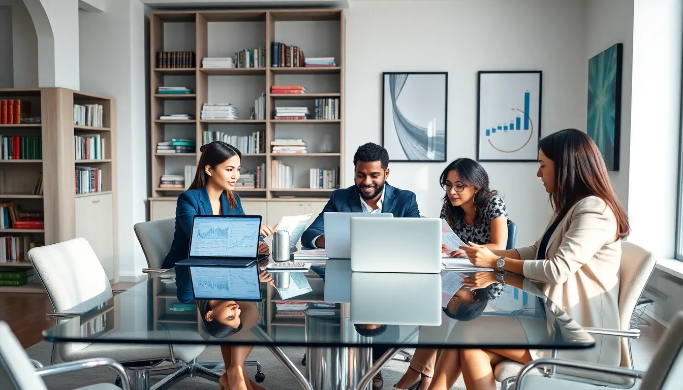 diverse professionals collaborating in a modern finance workspace.