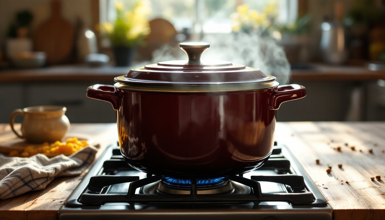 A simmering lentil soup in a Dutch oven on a sunlit kitchen stove.