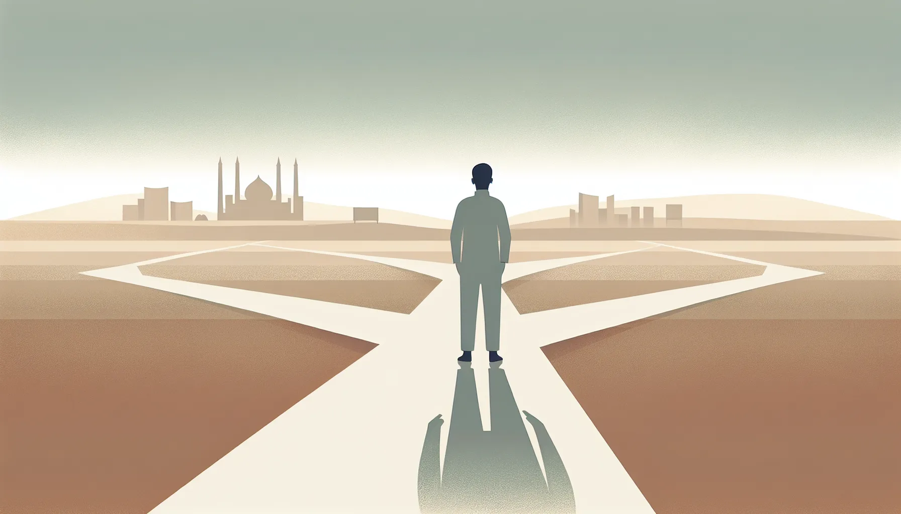 Young person standing at crossroads contemplating different life paths
