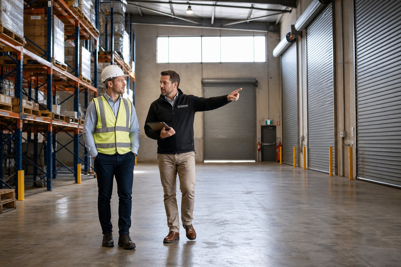 Advisor and buyer inspecting a warehouse for commercial mortgage suitability.
