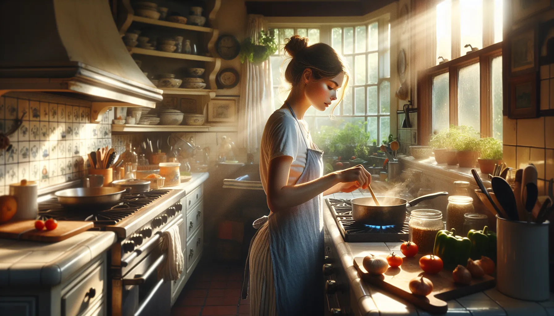 a woman cooking in a sunlit kitchen, handling a hot pan.