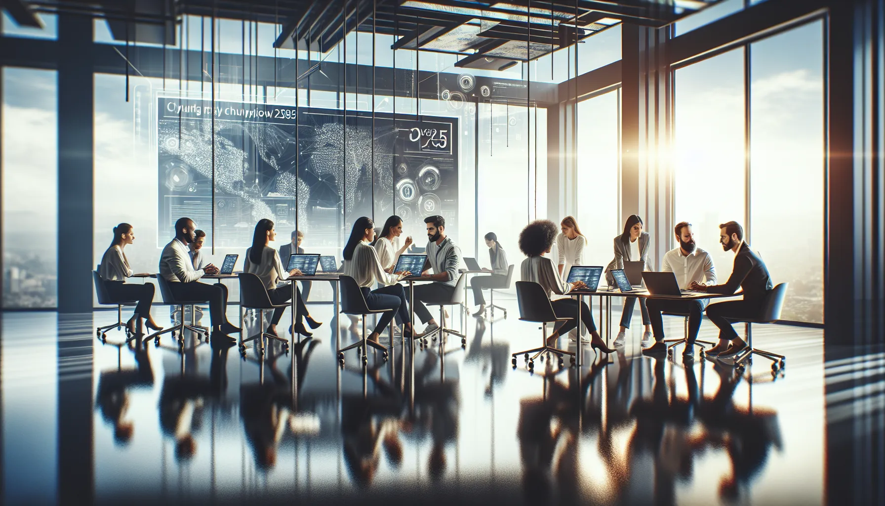 diverse team collaborating on a digital project in a modern office.