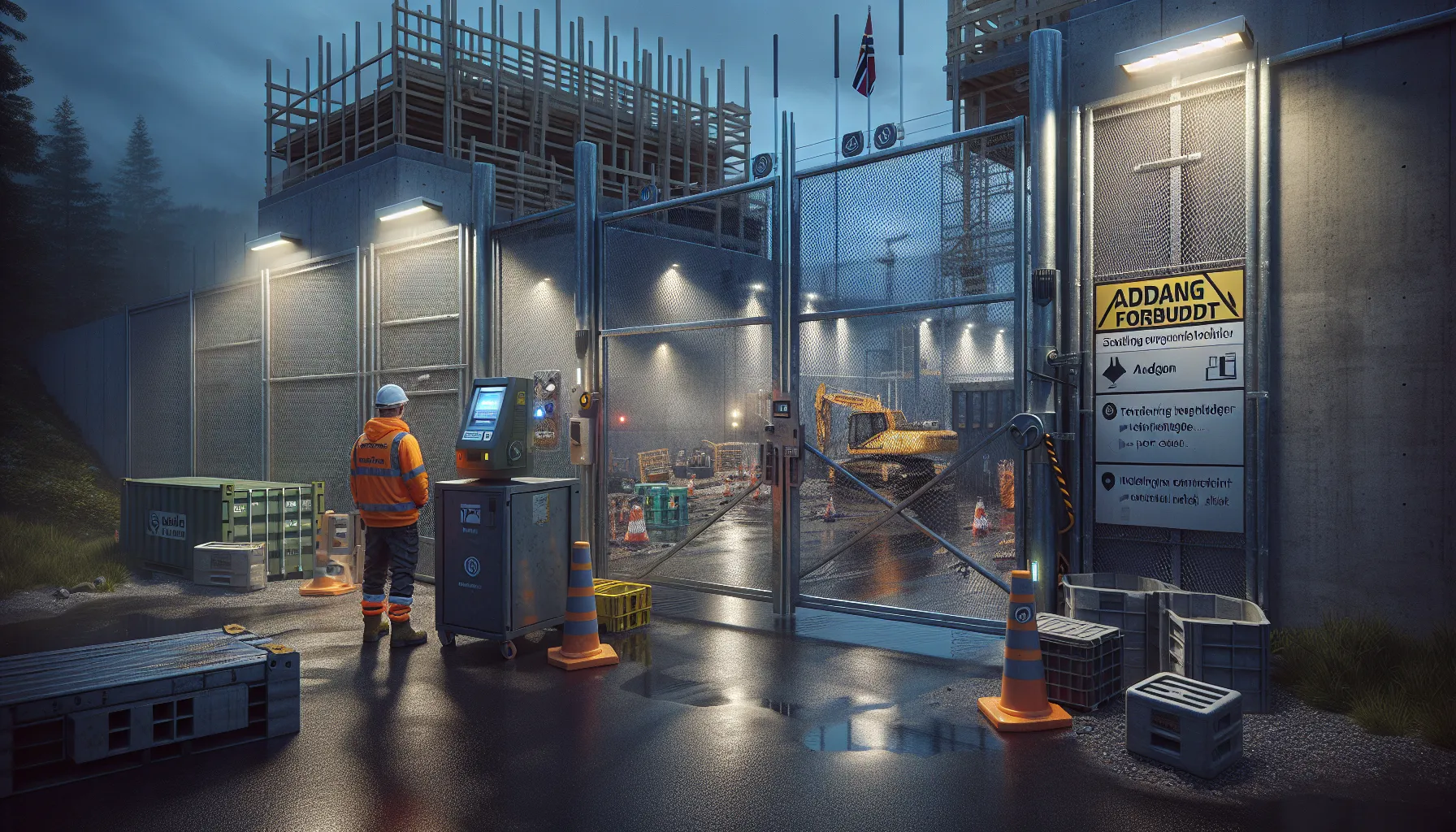Secured norwegian construction site gate with turnstile, locks, fencing, and signage.