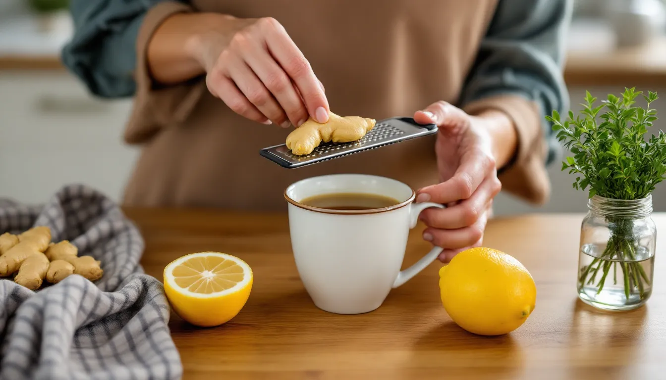 Hands grating fresh ginger into a steaming mug of hot water beside a lemon.
