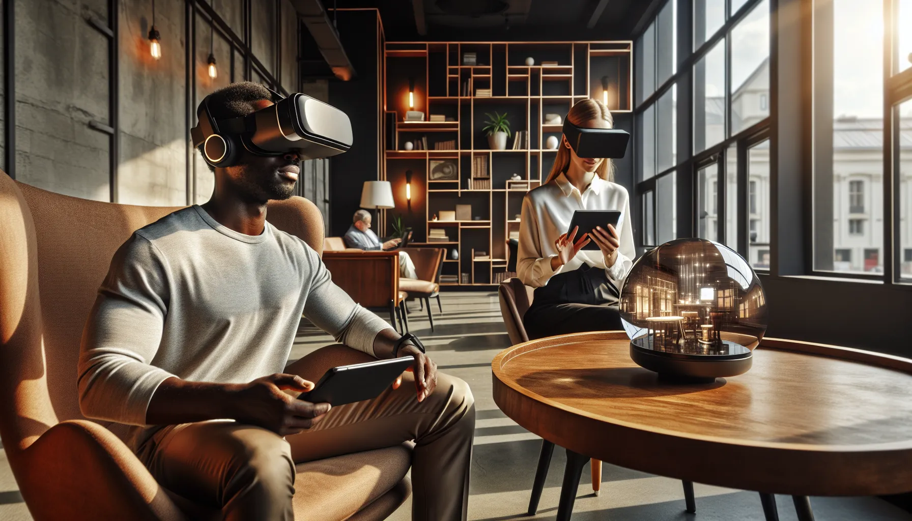 A man using VR and a woman interacting with AR in a modern room.