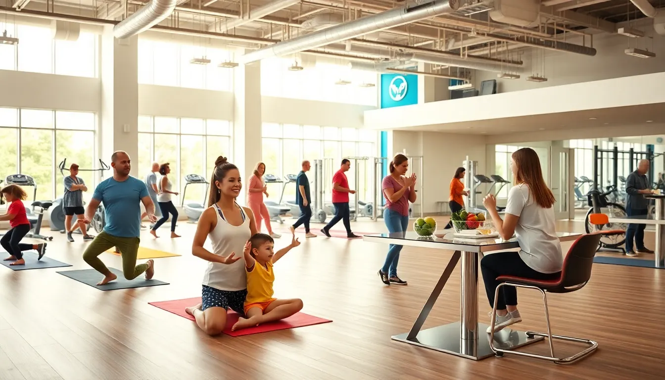 families engaged in fitness and wellness activities in a modern center.