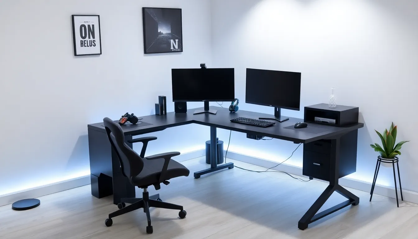 modern L-shaped gaming desk setup with dual monitors and ergonomic chair.