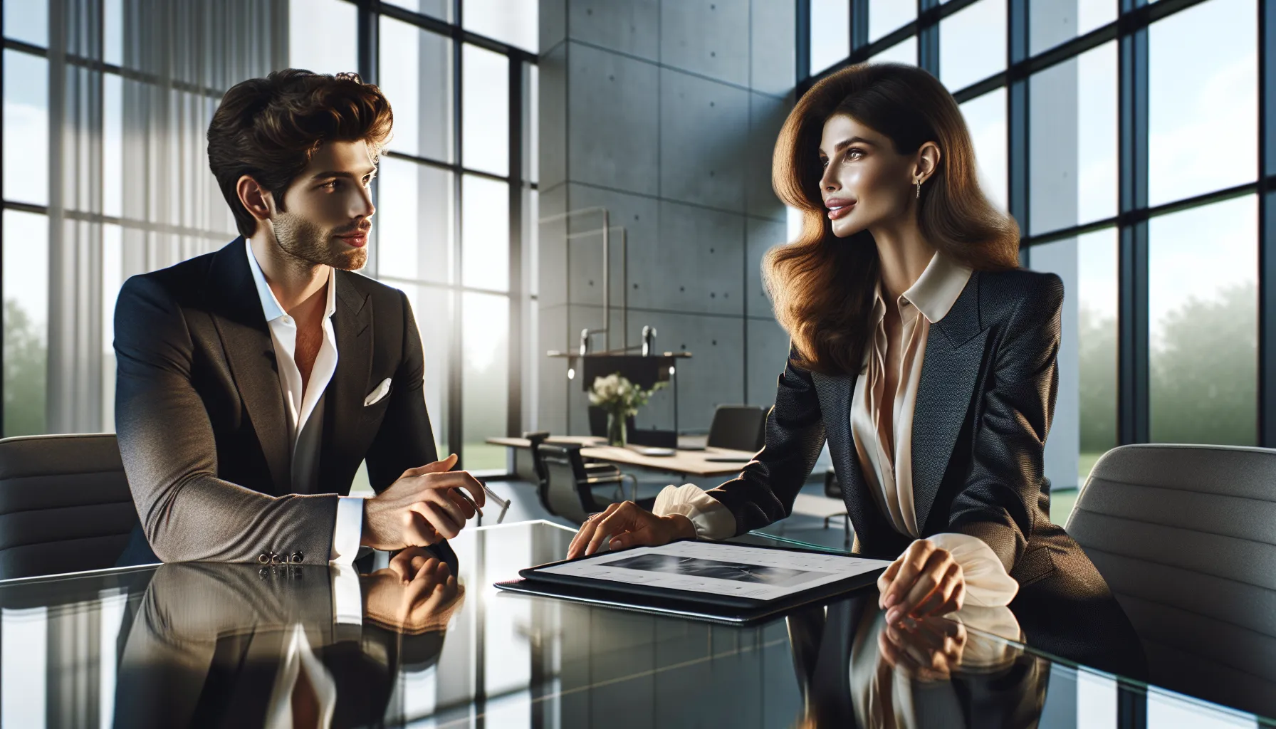 Barbara Sherwood and Charles discussing future projects in a modern office.