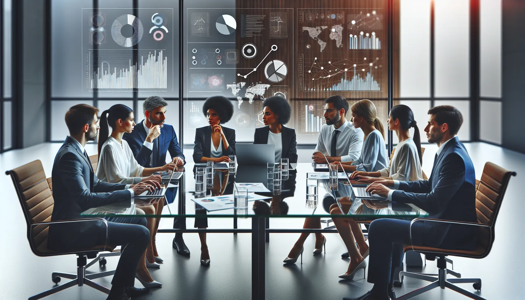 diverse team discussing Bledain89's competitive advantages in a modern office.