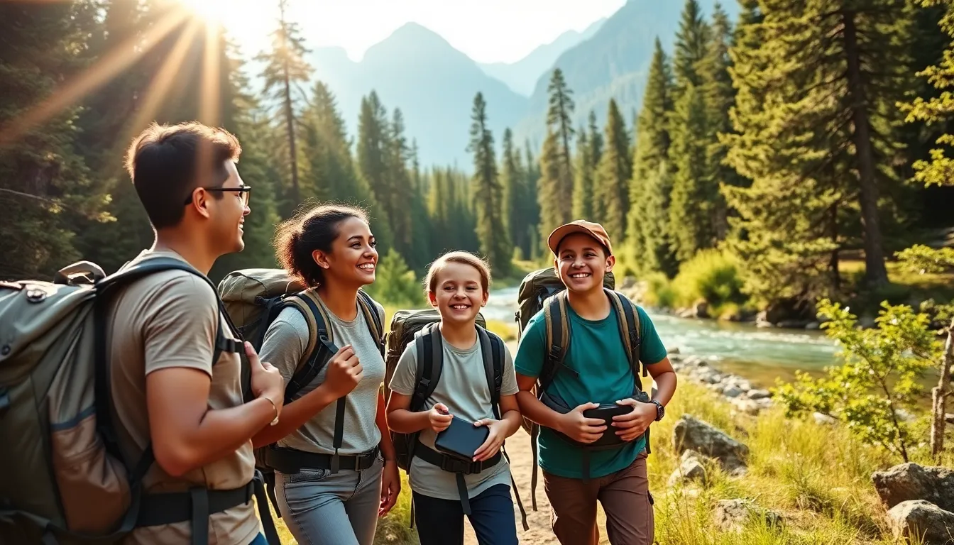 family hiking together in a national park.