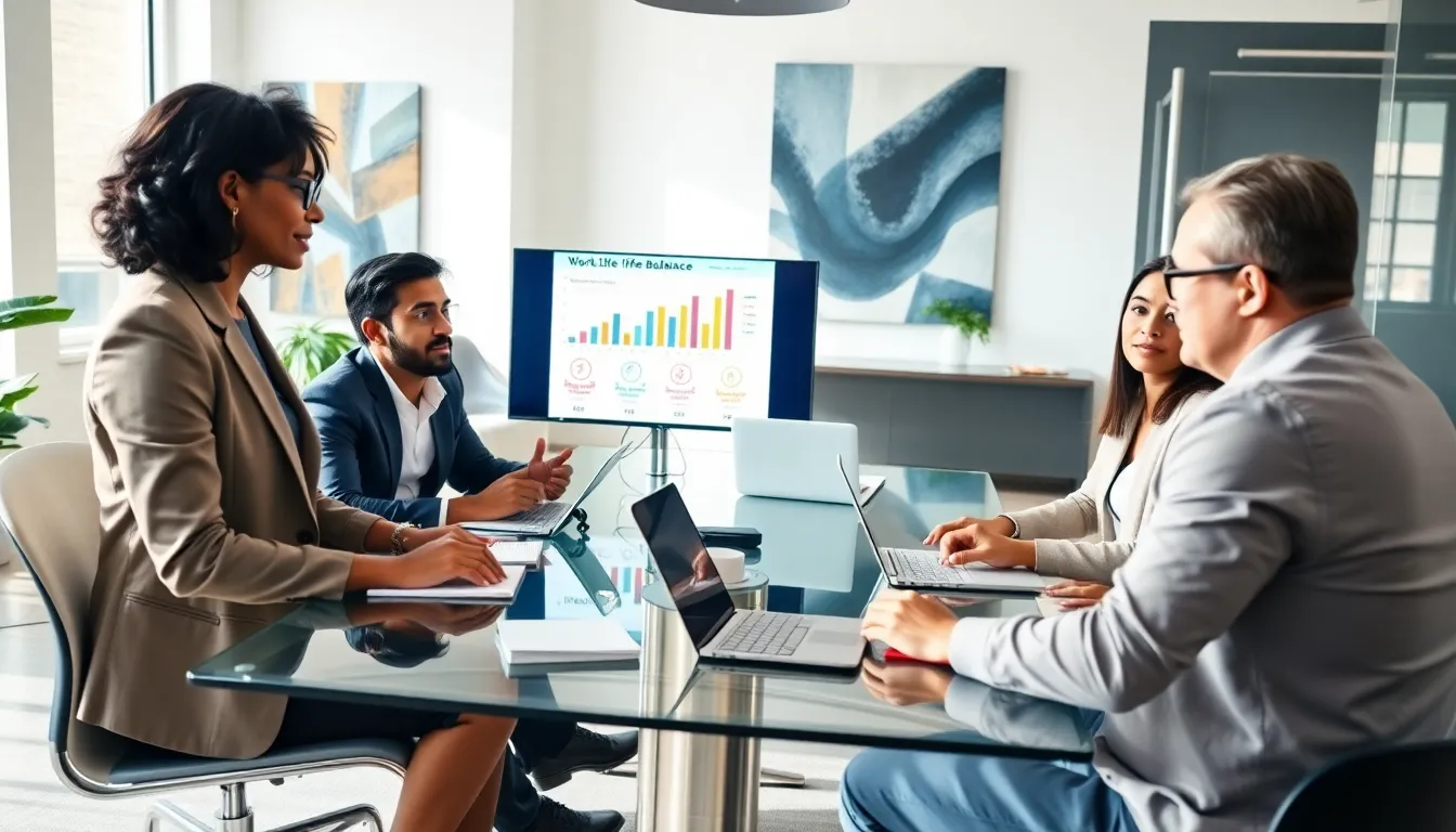 diverse team in a modern office discussing work-life balance coaching.