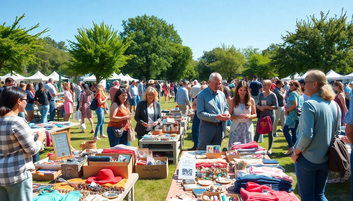 a community thrift event in a sunny park setting.