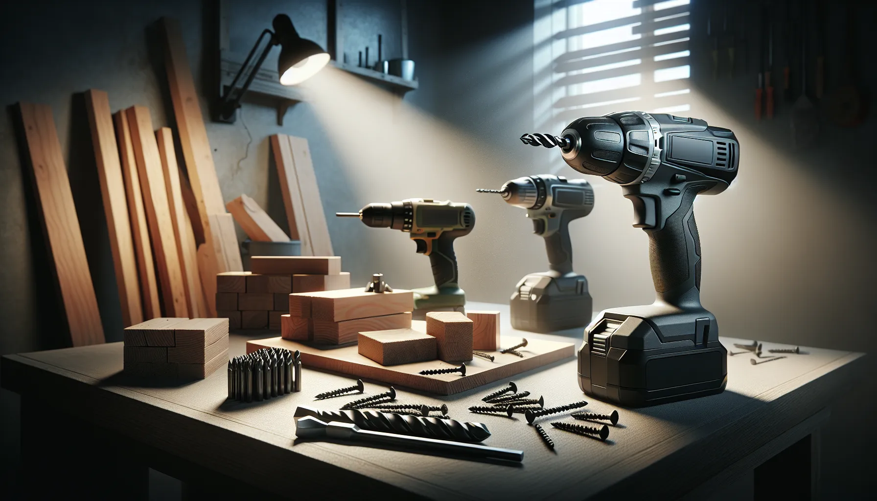 A workbench with an impact driver and a hammer drill displayed.