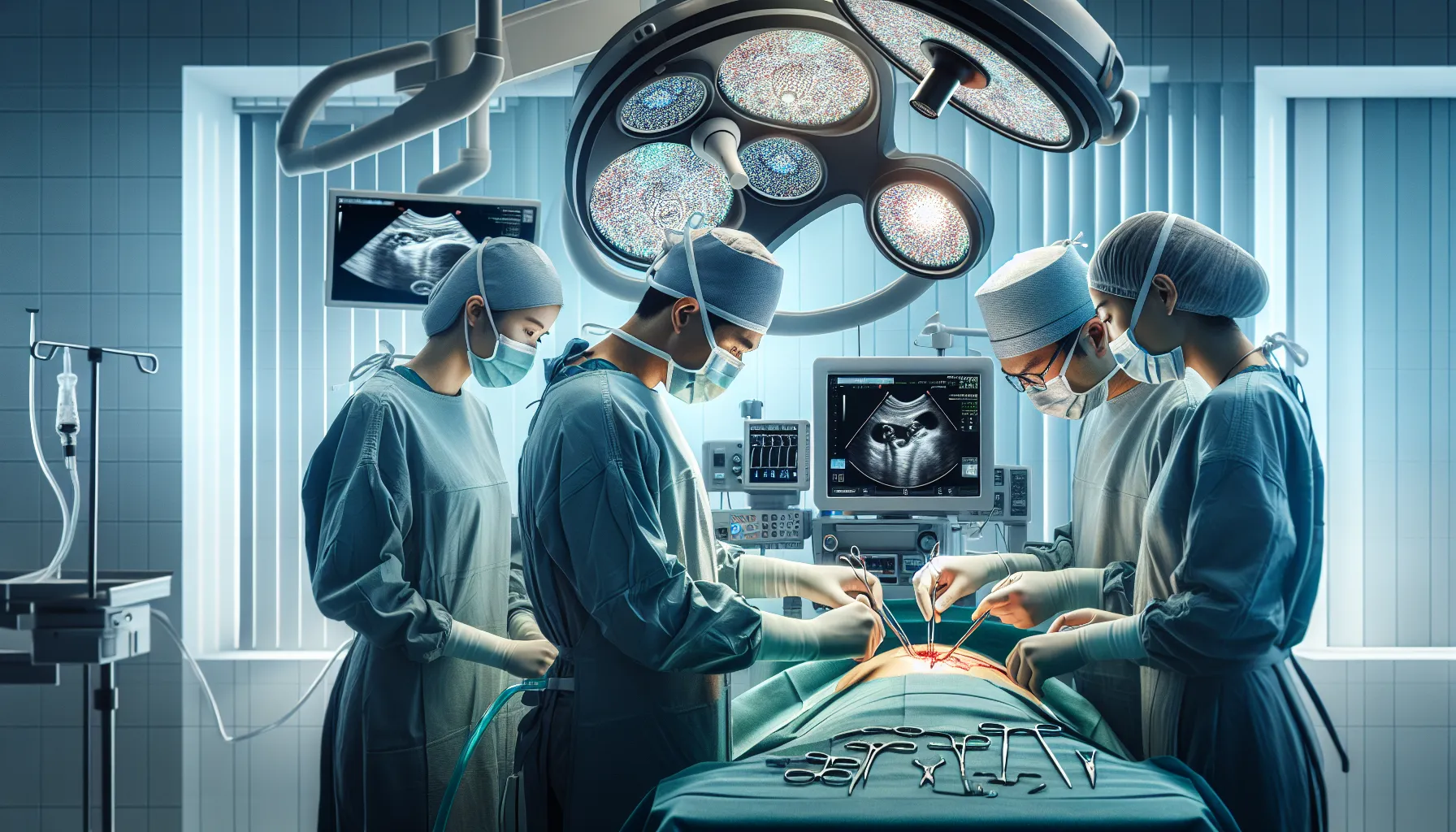 surgeons performing a laparoscopic cholecystectomy in a modern operating room.