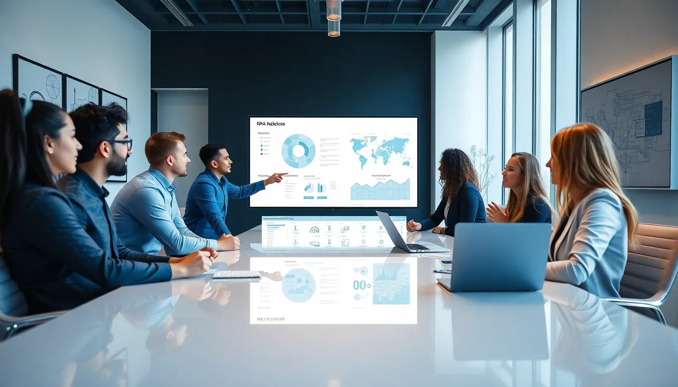 diverse team discussing robotic process automation in a modern office.