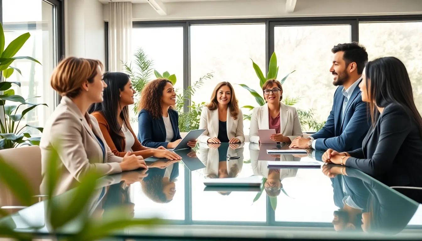 diverse professionals discussing kindness and wellness in a modern office.