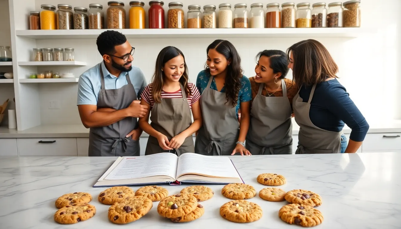 diverse bakers collaborating over a variety of cookies in a professional kitchen.