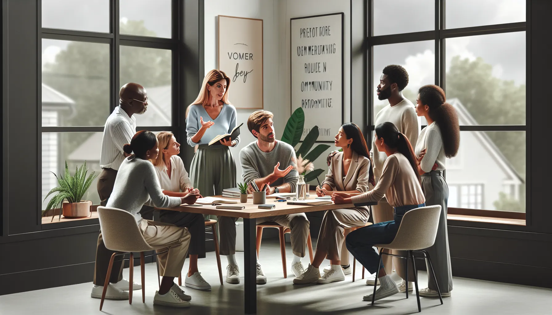diverse group of parents sharing testimonials in a modern office.