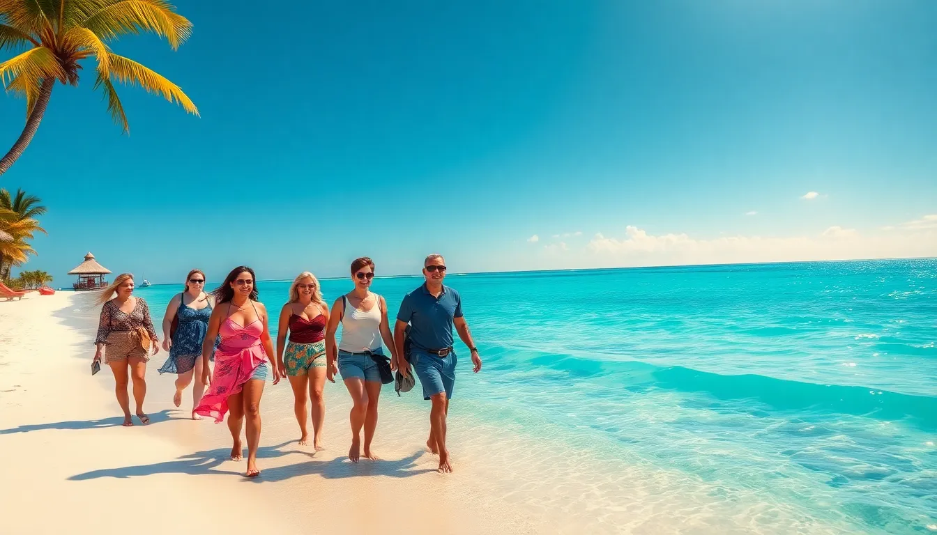 diverse travelers enjoying a tranquil beach with turquoise waters and a sunset.